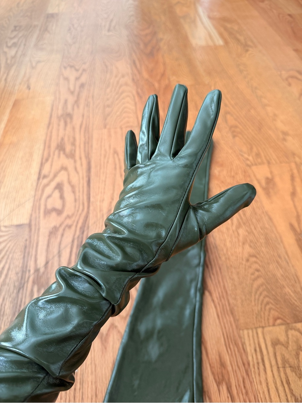 Long Military Green Leather Opera Gloves - Picture 2 of 8